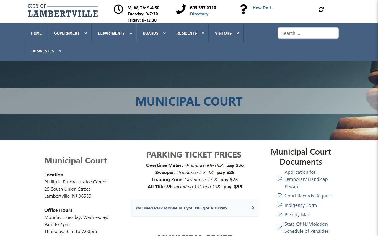 Lambertville Municipal Court for Hunterdon County traffic court records
