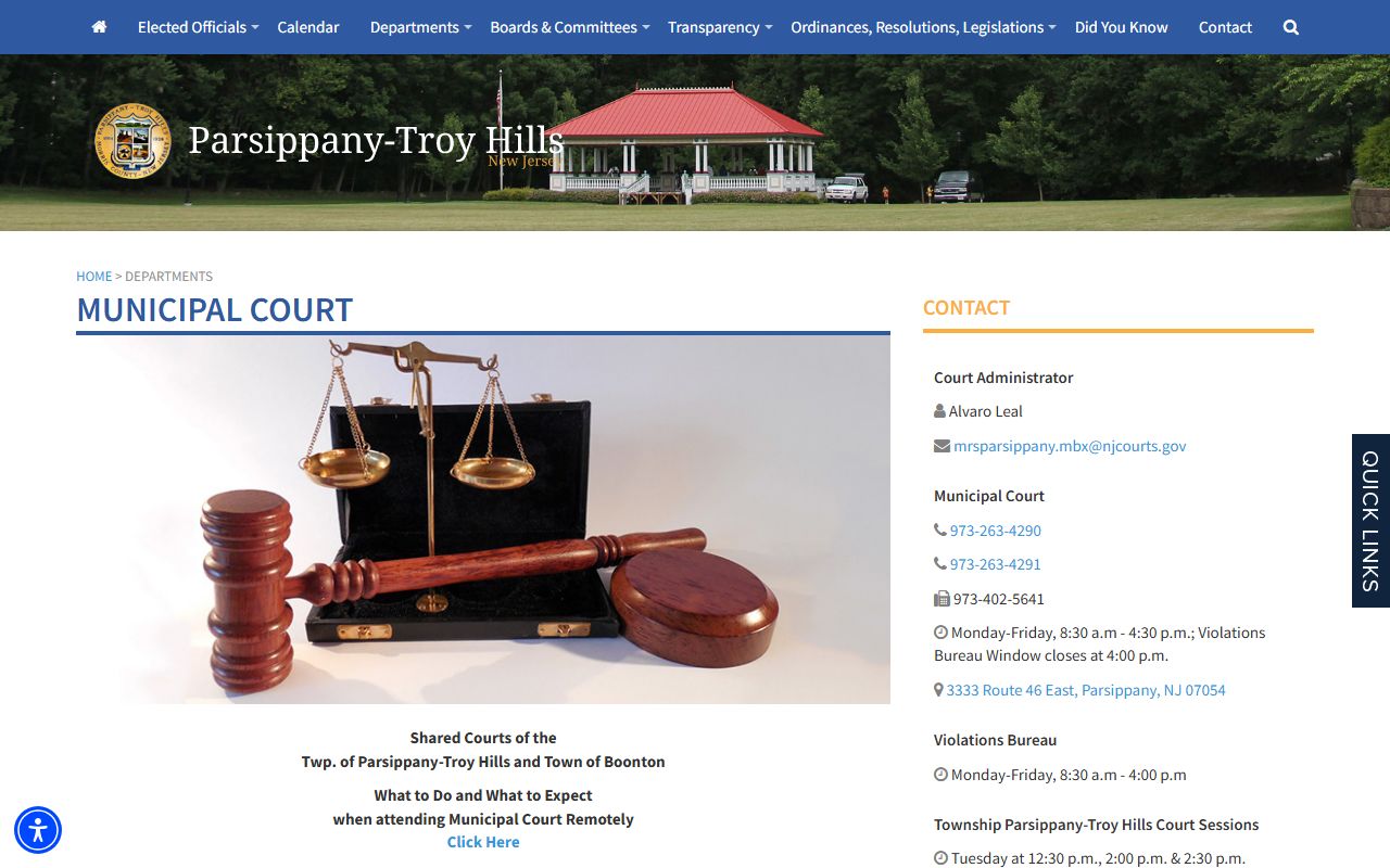 Parsippany-Troy Hills Municipal Court website for Morris County traffic court records