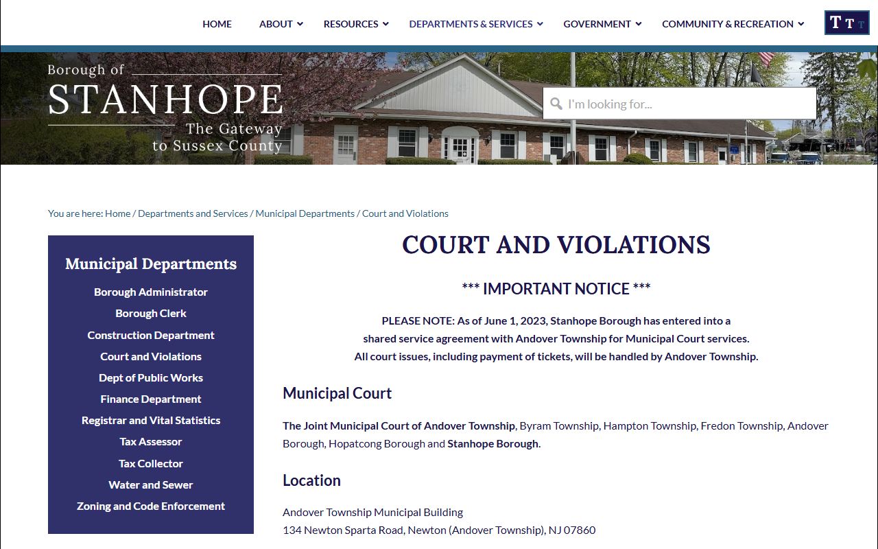 Stanhope Borough Municipal Court page for Sussex County traffic court records
