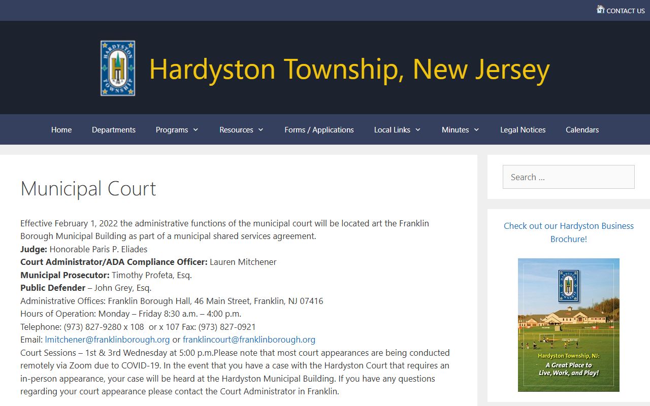 Hardyston Township Municipal Court website for Warren County traffic court records