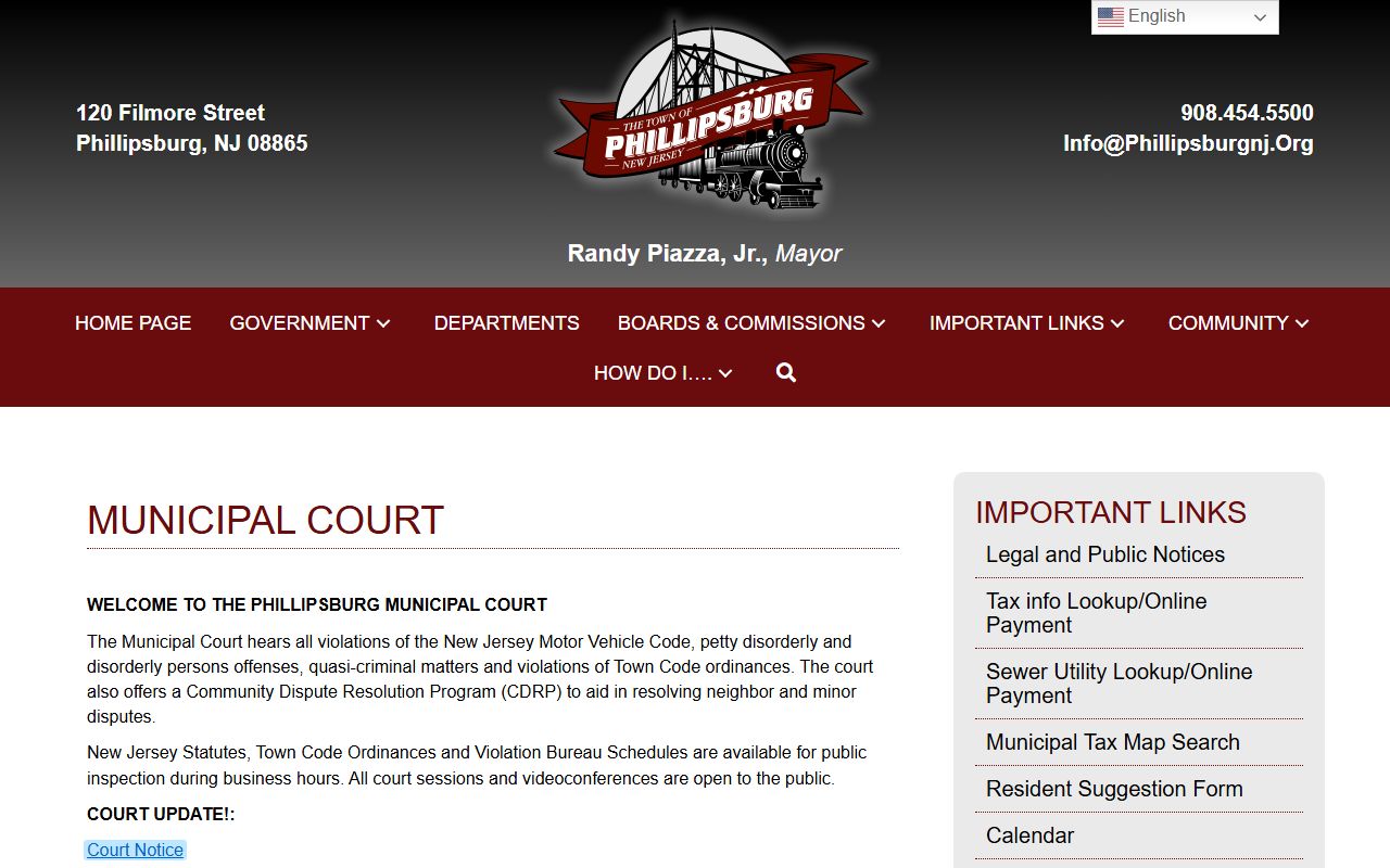 Phillipsburg Municipal Court website for Warren County traffic court records